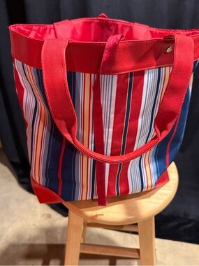 Lancome Red and Navy Striped Tote for beach or pool